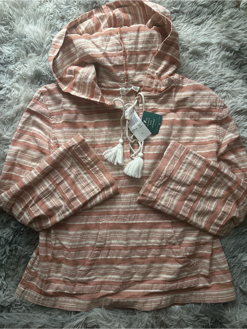 Roxy Peach & Cream Striped Hooded Top with Tassel NWT